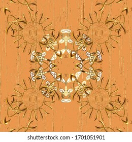 Seamless textured curls. Oriental style arabesques golden pattern on a brown and orange colors with golden elements. Vector golden pattern.