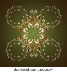 Seamless textured curls. Oriental style arabesques golden pattern on a beige, brown and green colors with golden elements. Vector golden pattern.