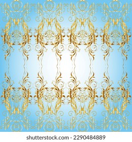 Curls sin textura. Modalidades de oro arabescos de estilo oriental en colores neutros, azules y amarillos con elementos dorados. Patrón dorado vectorial.