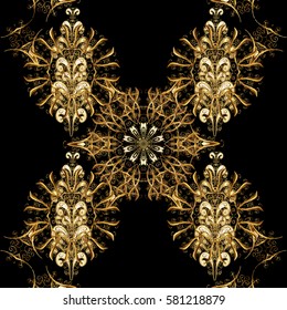 Seamless textured curls. Oriental style arabesques golden pattern on a black background with golden elements. Vector golden pattern.