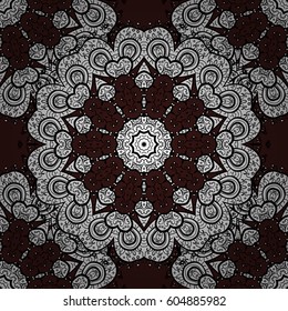 Seamless textured curls. Oriental style arabesques white pattern on a brown background with white elements. Vector white pattern.