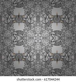 Seamless textured curls. Oriental style arabesques white pattern on a gray background with white elements. Vector white pattern.