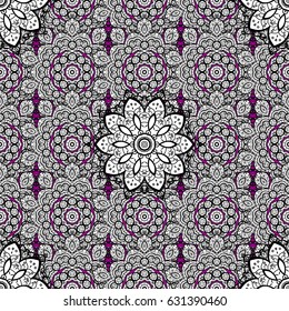 Seamless textured curls. Oriental style arabesques white pattern on a magenta background with white elements. Vector white pattern.