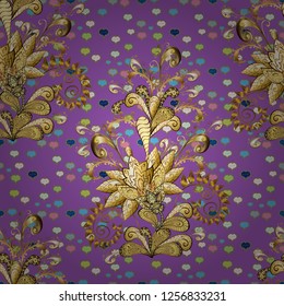 Seamless textured curls. Vector golden pattern. Oriental style arabesques golden pattern on a violet and yellow colors with golden elements.