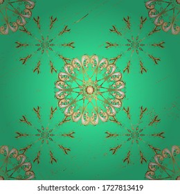Seamless textured curls. Vector golden pattern. Oriental style arabesques golden pattern on a beige and green colors with golden elements.