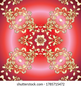 Curls sin textura. Patrón dorado vectorial. Modalidades de oro arabescos de estilo oriental en tonos rosados y rojos con elementos dorados.