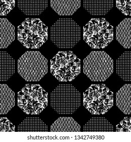 Seamless textured geometric pattern illustration of hexagons with waves, dots and random line textures in white, black and grey. Ideal for fashion, gift, paper, scrapbooking and fabric.
