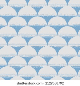 Seamless textured painted blue, and white texture of colors in half of circles, geometric background, raster illustration.