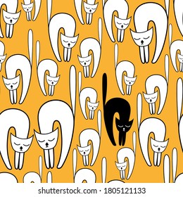 Seamless textured pattern with cats. Hand drawn background in doodle style on yellow backdrop. Wallpaper, textile printing, wrapping paper, page filling, cover, web, packaging.