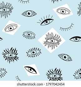 Seamless textured pattern. Hand-drawn background with eyes in doodle style. Wallpaper, textile printing, wrapping paper, page filling, cover, web, packaging.