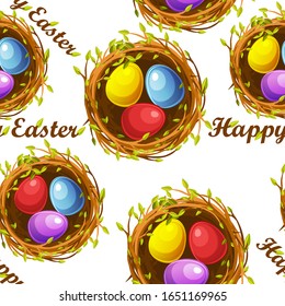 Seamless textured pattern of nests with eggs for Easter Day. Background of multi-colored eggs and inscriptions Happy Easter.