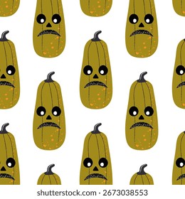 Padrão texturizado sem costura com abóboras e macaco cortado o’ rostos lanterna. Halloween design decorativo em estilo vetorial. Ornamento assustador sem fim para tecido, papel de embrulho, papel de parede