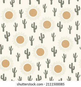 Seamless textured pattern vector summer cactus on desert with sun for fashion fabric and prints