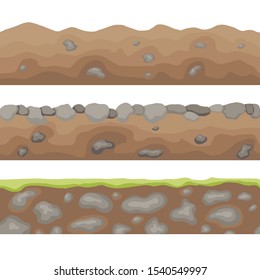 Seamless textured surface for games. User interface ground design elements for smartphone. Brown  earth, stones, sand. Beige, gray,  color. Cartoon flat style. Fantasy world