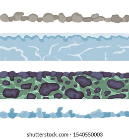 Seamless textured surface for games. User interface ground design elements for smartphone.Iced earth, stones, snow, ice. Green, blue, white, gray color. Cartoon flat style. Fantasy world