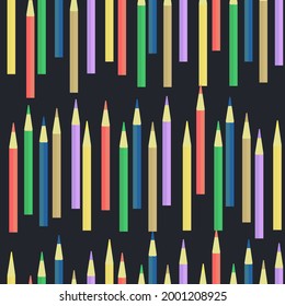 Seamless textured vector pattern. For the beginning of the school year, packaging, fabric, covers, paper. Colorful colored pencils on a dark background.