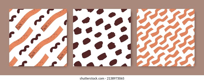 Seamless textures with abstract patterns. Modern endless background designs with repeating simple creative print with doodle elements, brush strokes. Colored flat vector illustrations for textile