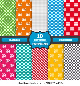 Seamless textures. Accounting icons. Document storage in folders sign symbols. Endless patterns with circles, diagonal lines, chess cell. Vector
