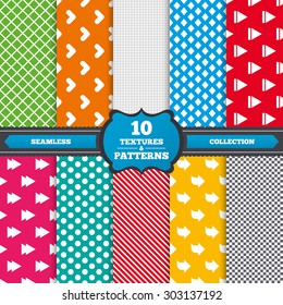 Seamless textures. Arrow icons. Next navigation arrowhead signs. Direction symbols. Endless patterns with circles, diagonal lines, chess cell. Vector