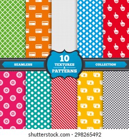 Seamless textures. ATM cash machine withdrawal icons. Insert bank card, click here and check PIN, processing and get cash symbols. Endless patterns with circles, diagonal lines, chess cell. Vector