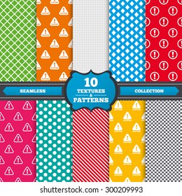Seamless textures. Attention caution icons. Hazard warning symbols. Exclamation sign. Endless patterns with circles, diagonal lines, chess cell. Vector