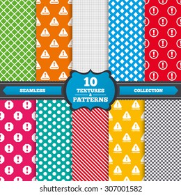 Seamless textures. Attention caution icons. Hazard warning symbols. Exclamation sign. Endless patterns with circles, diagonal lines, chess cell. Vector