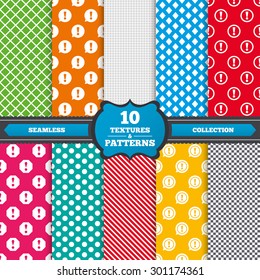 Seamless textures. Attention icons. Exclamation speech bubble symbols. Caution signs. Endless patterns with circles, diagonal lines, chess cell. Vector