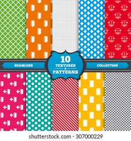 Seamless textures. Automatic door icon. Emergency exit with arrow symbols. Fire exit signs. Endless patterns with circles, diagonal lines, chess cell. Vector