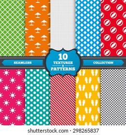 Seamless textures. Beach holidays icons. Ball, umbrella and flip-flops sandals signs. Summer sun symbol. Endless patterns with circles, diagonal lines, chess cell. Vector