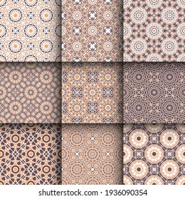 Seamless textures with beige arabic geometric ornaments. Vector asian mosaic patterns set with alternating decorative elements. Abstract design for textile and cloth