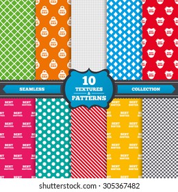 Seamless textures. Best mom and dad, brother and sister icons. Weight and flower signs. Award symbols. Endless patterns with circles, diagonal lines, chess cell. Vector