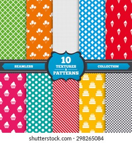 Seamless textures. Birthday party icons. Cake with ice cream signs. Air balloons with rope symbol. Endless patterns with circles, diagonal lines, chess cell. Vector