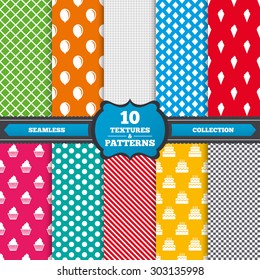 Seamless Textures. Birthday Party Icons. Cake With Ice Cream Signs. Air Balloon Symbol. Endless Patterns With Circles, Diagonal Lines, Chess Cell. Vector