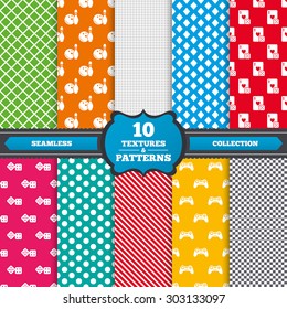 Seamless textures. Bowling and Casino icons. Video game joystick and playing card with dice symbols. Entertainment signs. Endless patterns with circles, diagonal lines, chess cell. Vector