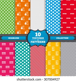 Seamless textures. BYOD icons. Human with notebook and smartphone signs. Speech bubble symbol. Endless patterns with circles, diagonal lines, chess cell. Vector
