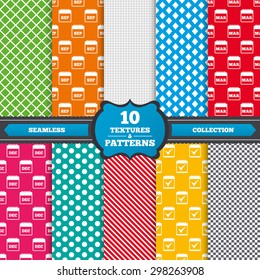 Seamless textures. Calendar icons. September, March and December month symbols. Check or Tick sign. Date or event reminder. Endless patterns with circles, diagonal lines, chess cell. Vector