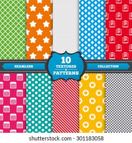 Seamless textures. Calendar and Star favorite icons. Checklist and cogwheel gear sign symbols. Endless patterns with circles, diagonal lines, chess cell. Vector