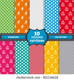 Seamless textures. Caution wet floor icons. Human falling triangle symbol. Slippery surface sign. Endless patterns with circles, diagonal lines, chess cell. Vector