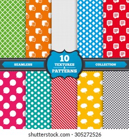 Seamless textures. Chat icons. Comic speech bubble signs. Communication think symbol. Endless patterns with circles, diagonal lines, chess cell. Vector