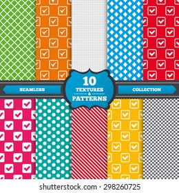 Seamless textures. Check icons. Checkbox confirm squares sign symbols. Endless patterns with circles, diagonal lines, chess cell. Vector