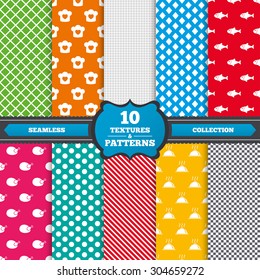 Seamless textures. Chief hat with heart and cooking pan icons. Fish and chicken signs. Hot food platter serving symbol. Endless patterns with circles, diagonal lines, chess cell. Vector