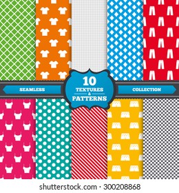 Seamless textures. Clothes icons. T-shirt and pants with shorts signs. Swimming trunks symbol. Endless patterns with circles, diagonal lines, chess cell. Vector