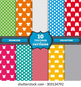 Seamless textures. Clothes icons. T-shirt and pants with shorts signs. Swimming trunks symbol. Endless patterns with circles, diagonal lines, chess cell. Vector