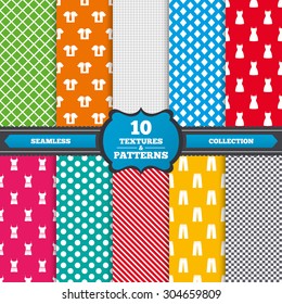 Seamless textures. Clothes icons. T-shirt with business tie and pants signs. Women dress symbol. Endless patterns with circles, diagonal lines, chess cell. Vector