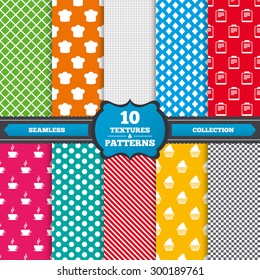 Seamless textures. Coffee cup icon. Chef hat symbol. Muffin cupcake signs. Document file. Endless patterns with circles, diagonal lines, chess cell. Vector