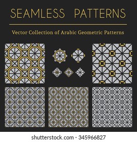 Seamless textures collection with geometric arabic ornaments. Vector patterns