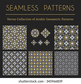 Seamless textures collection with geometric arabic ornaments. Vector patterns