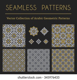 Seamless textures collection with geometric arabic ornaments. Vector patterns