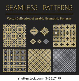 Seamless textures collection with geometric arabic ornaments. Vector patterns