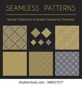 Seamless textures collection with geometric arabic ornaments. Vector patterns